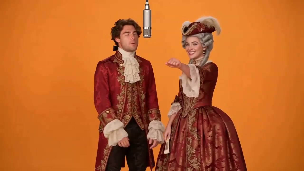 Hotel Lobby AI video showing a baroque-costumed duo performing in an orange studio booth