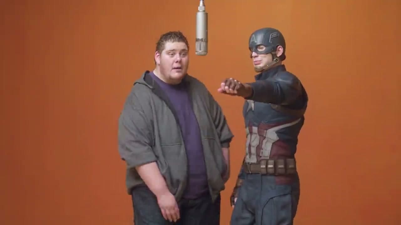Hotel Lobby AI video showing a casual man and a superhero costume performer in an orange booth