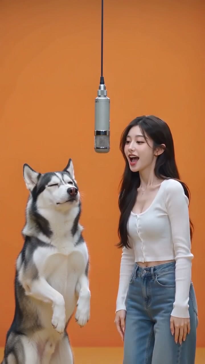 Hotel Lobby AI video showing a woman and a husky singing into a hanging mic in an orange booth